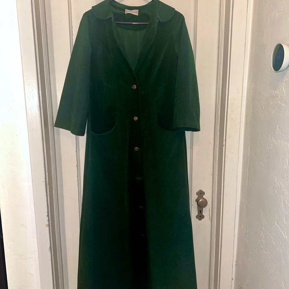 Vintage 3/4 Sleeve Emerald Green Velvet Duster Coat Button Peter Pan Collar